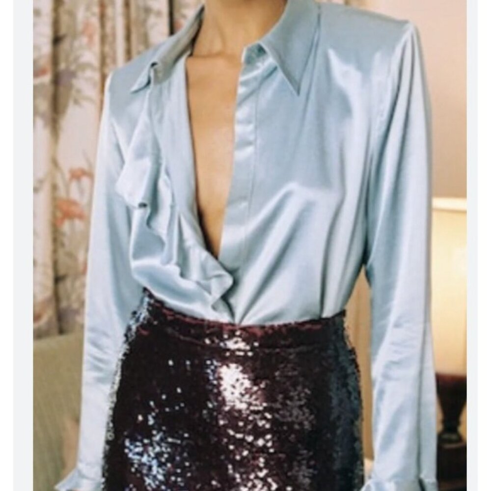 Sabina Musayev Opaline Top Womens Small Smoked Aqua Satin Ruffle Blouse Shirt